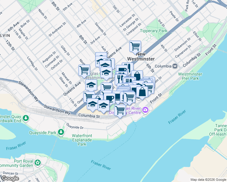 map of restaurants, bars, coffee shops, grocery stores, and more near 813 Agnes Street in New Westminster