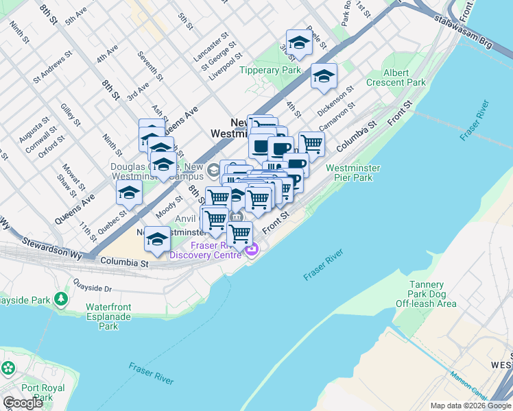 map of restaurants, bars, coffee shops, grocery stores, and more near 680 Clarkson Street in New Westminster