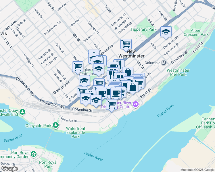 map of restaurants, bars, coffee shops, grocery stores, and more near 813 Agnes Street in New Westminster