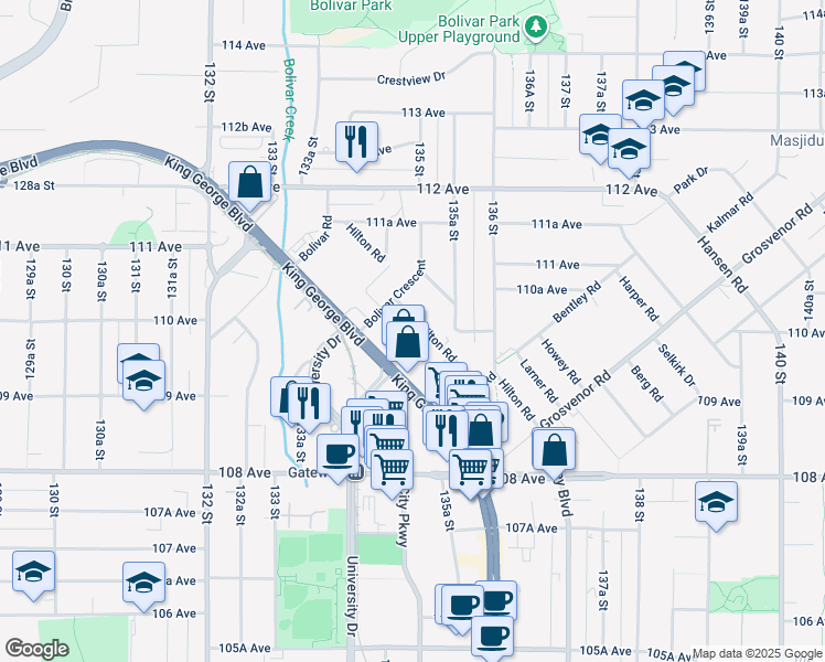 map of restaurants, bars, coffee shops, grocery stores, and more near 13490 Hilton Road in Surrey