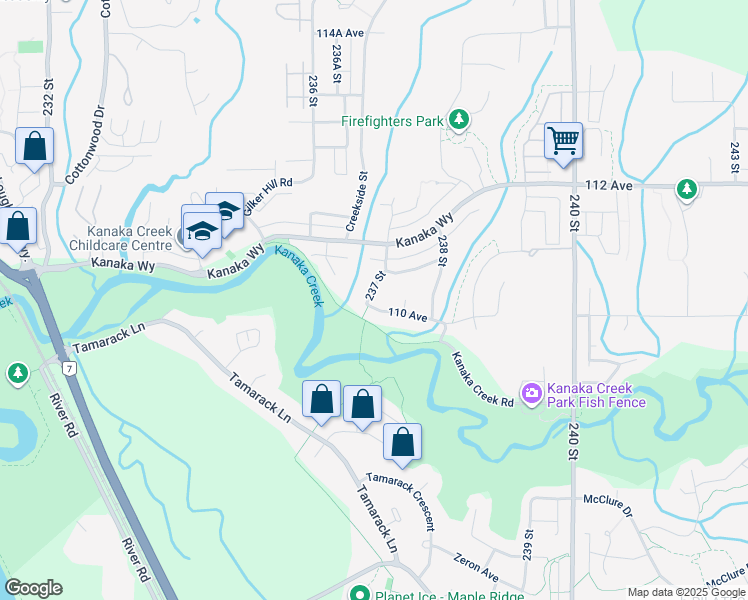 map of restaurants, bars, coffee shops, grocery stores, and more near 23717 110 Avenue in Maple Ridge