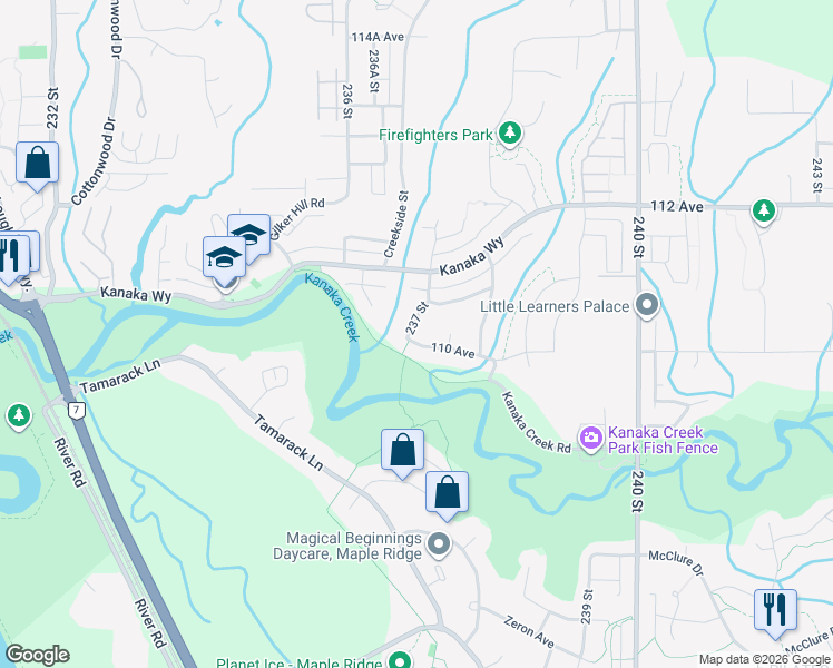 map of restaurants, bars, coffee shops, grocery stores, and more near 11050 237 Street in Maple Ridge
