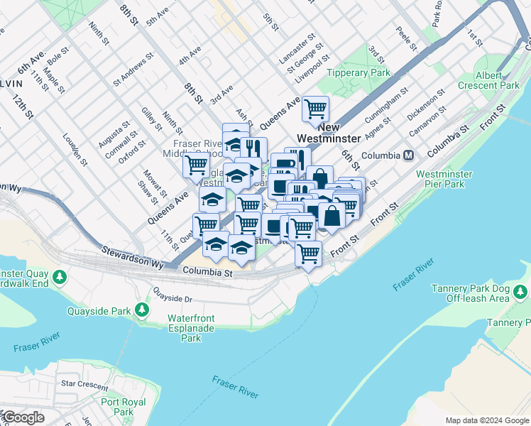 map of restaurants, bars, coffee shops, grocery stores, and more near 813 Agnes Street in New Westminster
