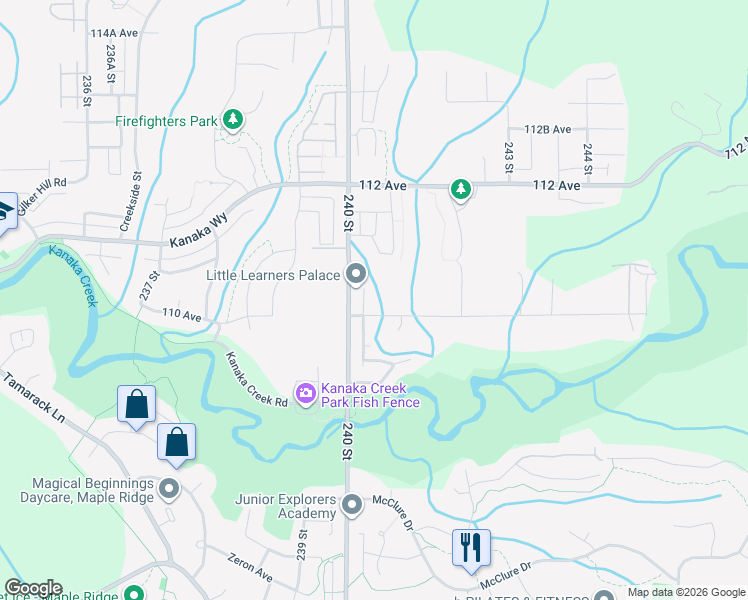 map of restaurants, bars, coffee shops, grocery stores, and more near 24021 110 Avenue in Maple Ridge