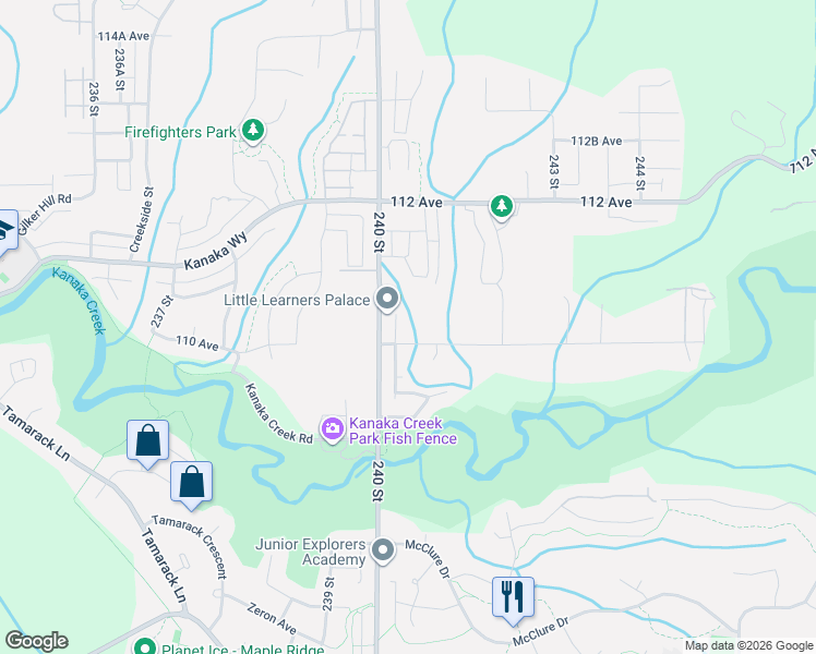 map of restaurants, bars, coffee shops, grocery stores, and more near 24021 110 Avenue in Maple Ridge