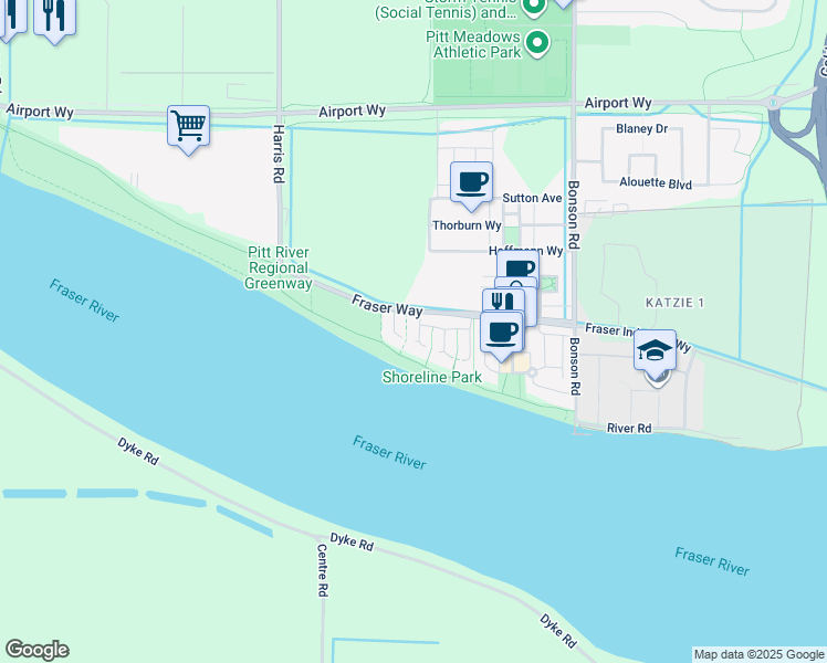 map of restaurants, bars, coffee shops, grocery stores, and more near 19452 Fraser Way in Pitt Meadows