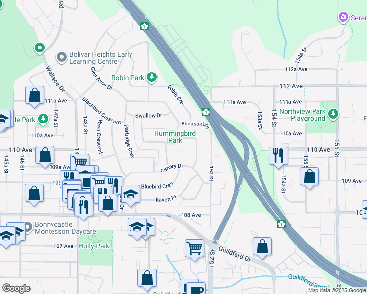 map of restaurants, bars, coffee shops, grocery stores, and more near 15115 Eagle Place in Surrey