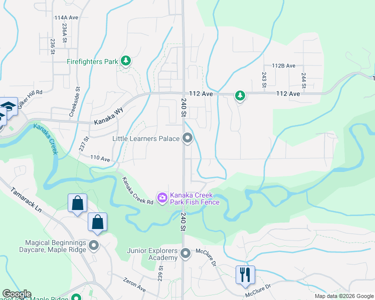 map of restaurants, bars, coffee shops, grocery stores, and more near 11028 240 Street in Maple Ridge