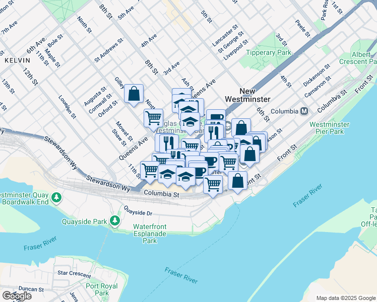 map of restaurants, bars, coffee shops, grocery stores, and more near in New Westminster