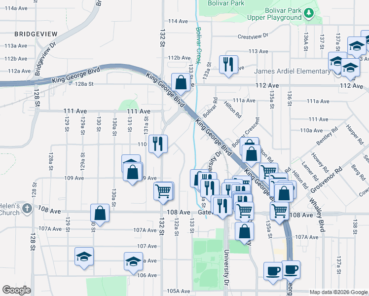 map of restaurants, bars, coffee shops, grocery stores, and more near 10992 132A Street in Surrey