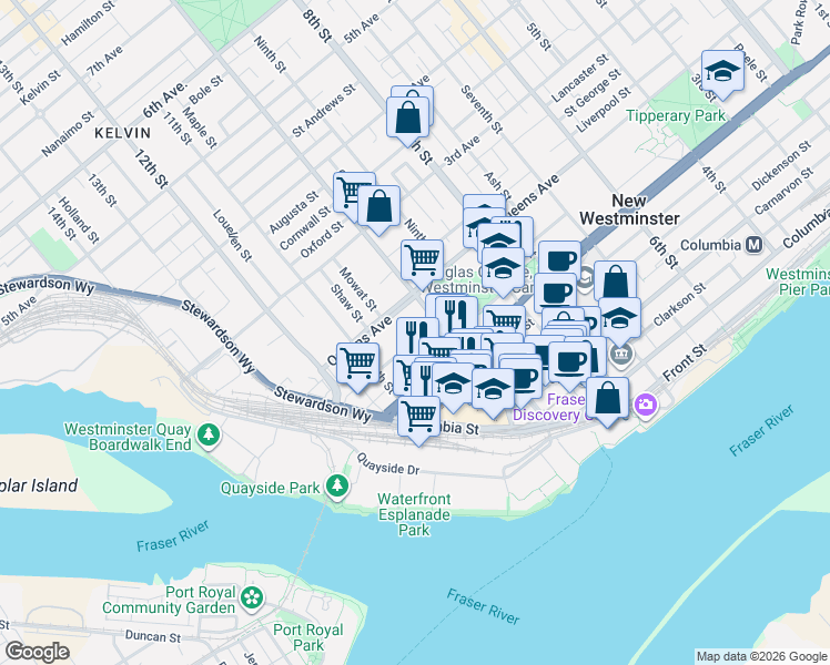 map of restaurants, bars, coffee shops, grocery stores, and more near in New Westminster