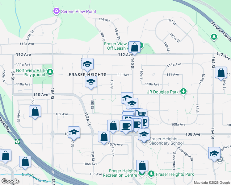 map of restaurants, bars, coffee shops, grocery stores, and more near 15925 110 Avenue in Surrey