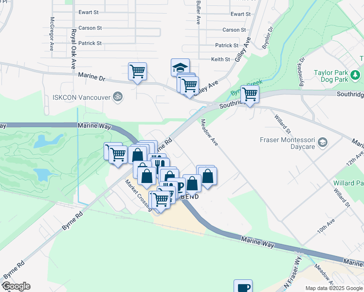 map of restaurants, bars, coffee shops, grocery stores, and more near 5850 Byrne Rd in Burnaby