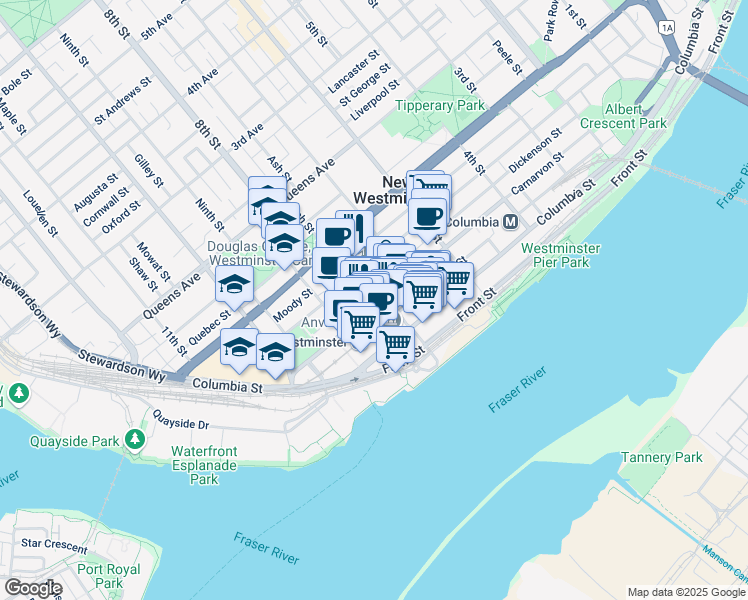 map of restaurants, bars, coffee shops, grocery stores, and more near 737 Carnarvon Street in New Westminster