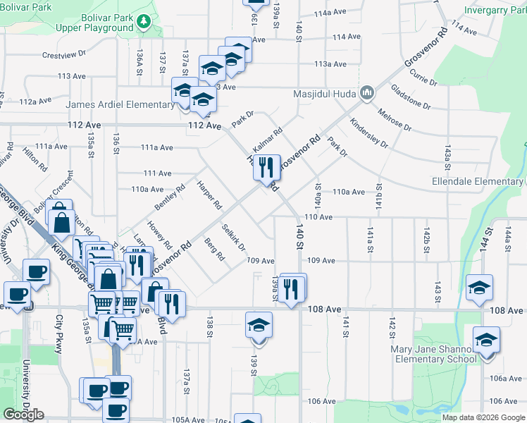 map of restaurants, bars, coffee shops, grocery stores, and more near in Surrey