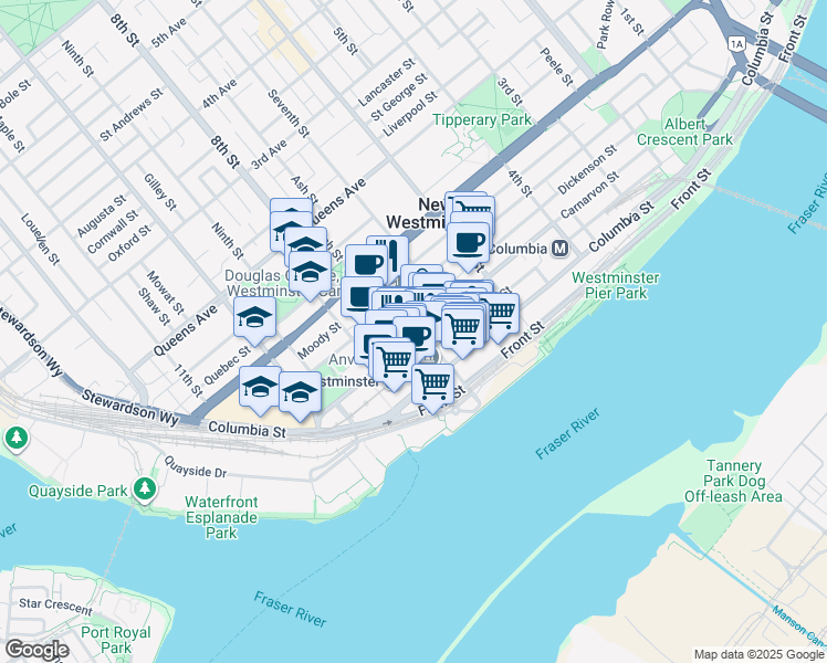 map of restaurants, bars, coffee shops, grocery stores, and more near in New Westminster