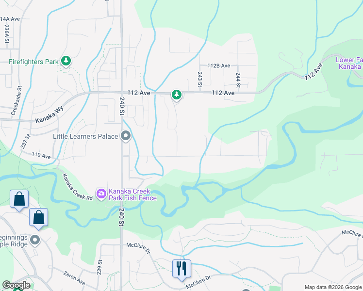 map of restaurants, bars, coffee shops, grocery stores, and more near 24185 110 Avenue in Maple Ridge