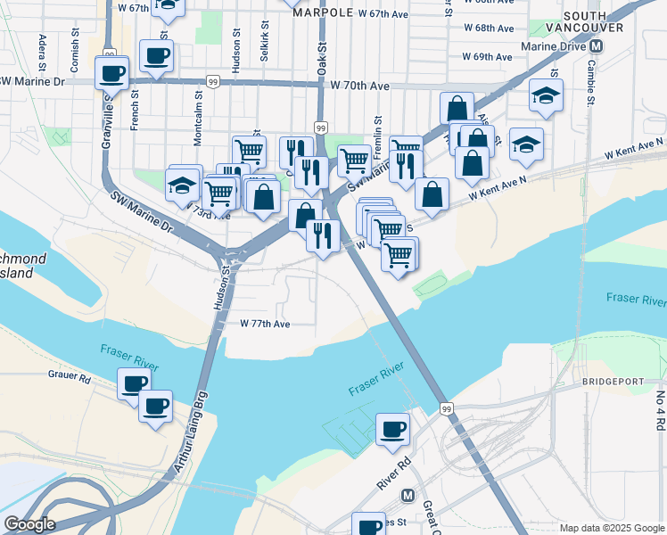 map of restaurants, bars, coffee shops, grocery stores, and more near in Vancouver