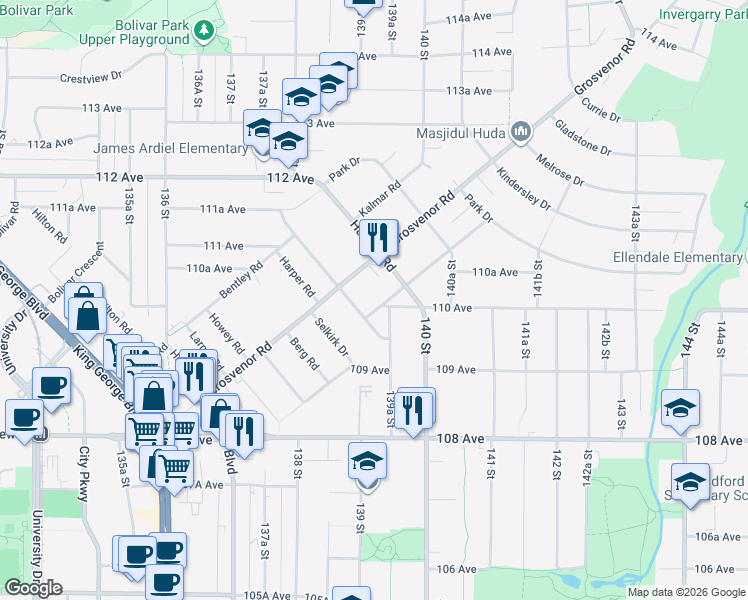 map of restaurants, bars, coffee shops, grocery stores, and more near 13925 Antrim Road in Surrey