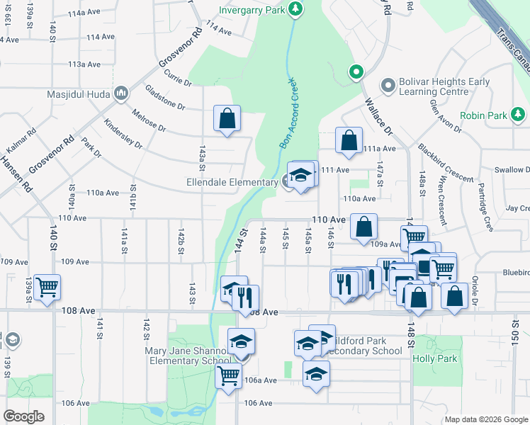 map of restaurants, bars, coffee shops, grocery stores, and more near 14457 110 Avenue in Surrey