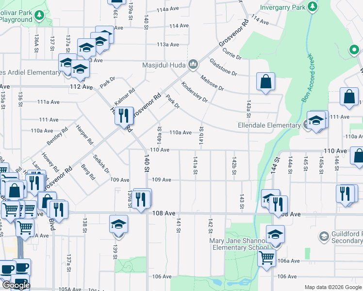 map of restaurants, bars, coffee shops, grocery stores, and more near 14115 110 Avenue in Surrey