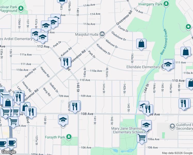 map of restaurants, bars, coffee shops, grocery stores, and more near 14115 110 Avenue in Surrey