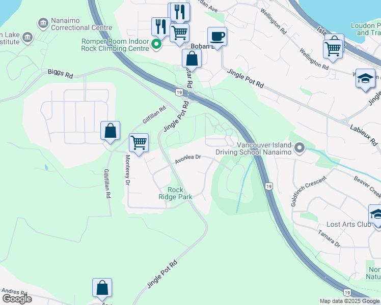 map of restaurants, bars, coffee shops, grocery stores, and more near 3804 Avonlea Drive in Nanaimo