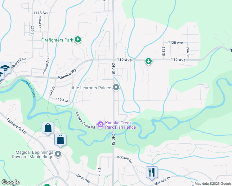 map of restaurants, bars, coffee shops, grocery stores, and more near 11038 240 Street in Maple Ridge