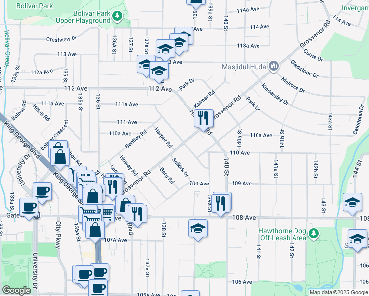 map of restaurants, bars, coffee shops, grocery stores, and more near 13858 Brentwood Crescent in Surrey