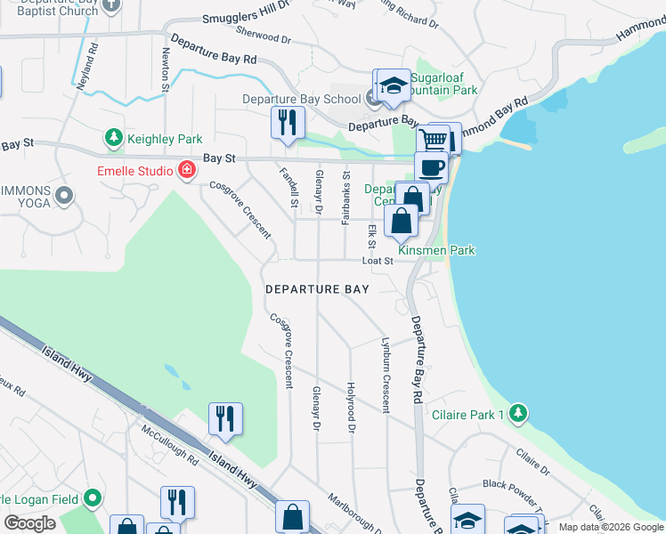 map of restaurants, bars, coffee shops, grocery stores, and more near 1630 Loat Street in Nanaimo
