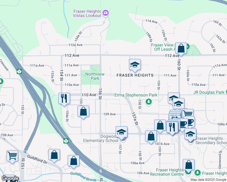 map of restaurants, bars, coffee shops, grocery stores, and more near 11014 156A Street in Surrey