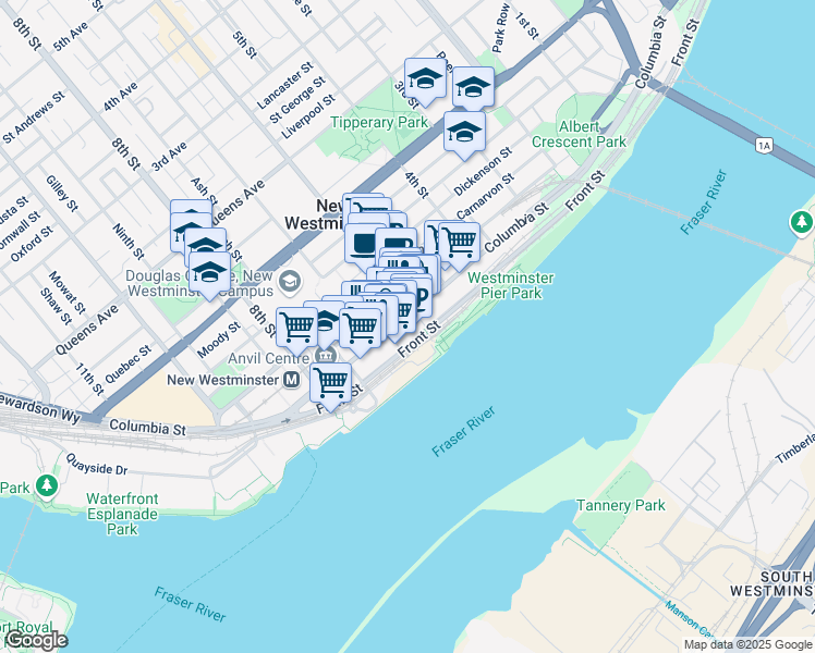 map of restaurants, bars, coffee shops, grocery stores, and more near 644 Columbia Street in New Westminster