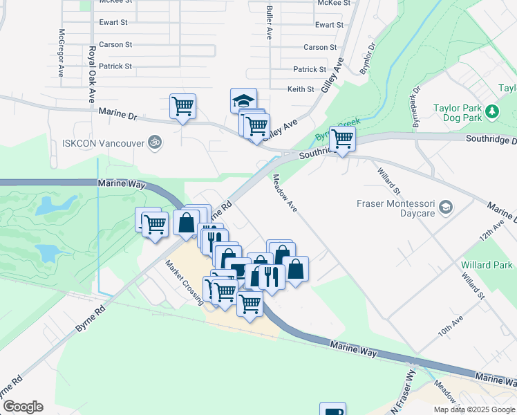 map of restaurants, bars, coffee shops, grocery stores, and more near 5850 Byrne Road in Burnaby