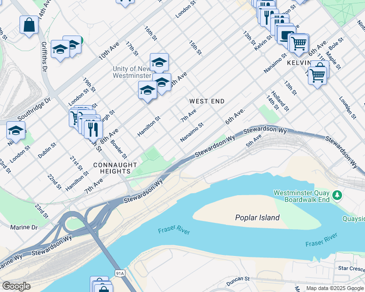 map of restaurants, bars, coffee shops, grocery stores, and more near 607 Eighteenth Street in New Westminster