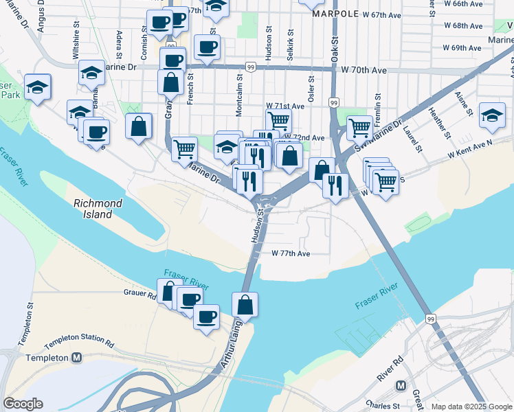 map of restaurants, bars, coffee shops, grocery stores, and more near 1302 Southwest Marine Drive in Vancouver