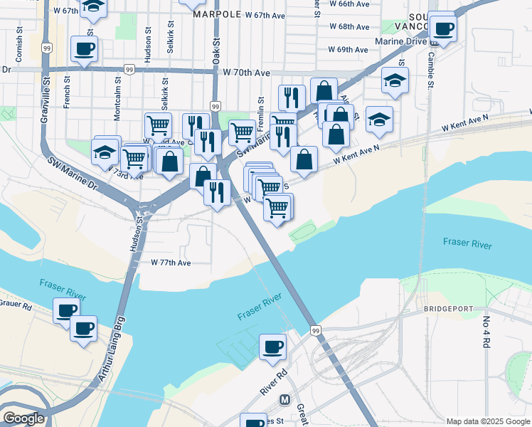 map of restaurants, bars, coffee shops, grocery stores, and more near in Vancouver