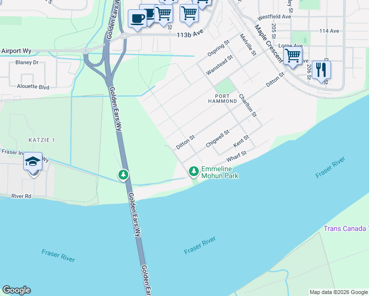 map of restaurants, bars, coffee shops, grocery stores, and more near 20126 Ditton Street in Maple Ridge