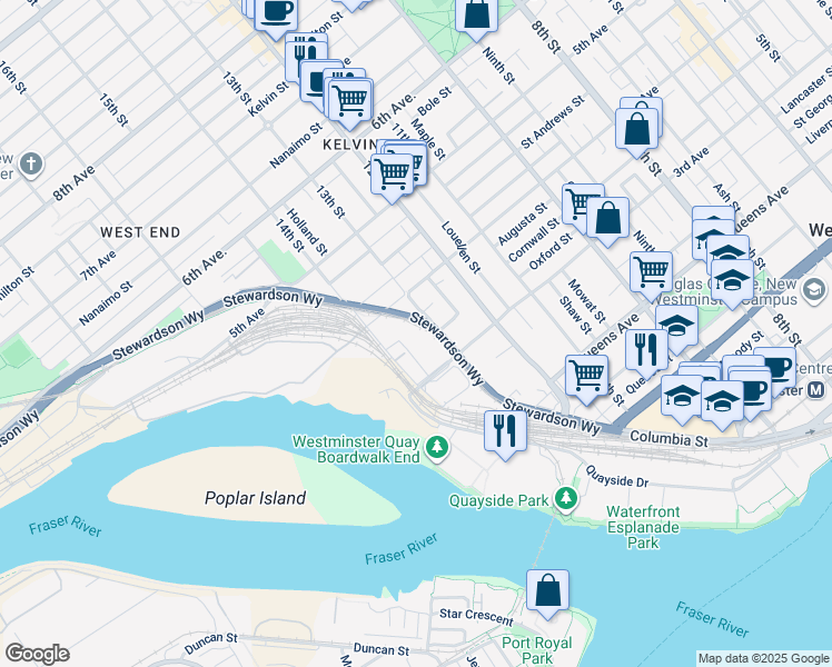 map of restaurants, bars, coffee shops, grocery stores, and more near 370 Stewardson Way in New Westminster