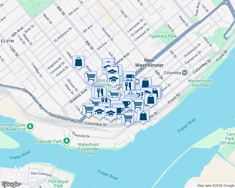 map of restaurants, bars, coffee shops, grocery stores, and more near 823 Royal Avenue in New Westminster