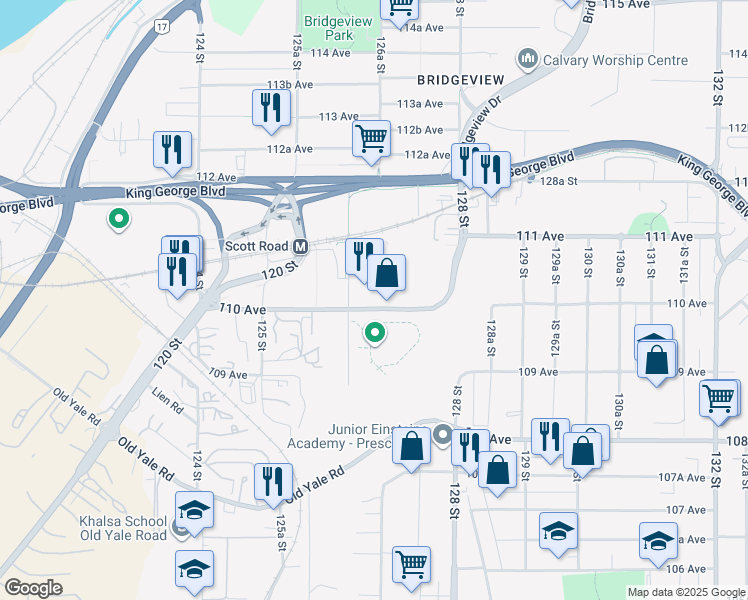 map of restaurants, bars, coffee shops, grocery stores, and more near 12685 110 Avenue in Surrey