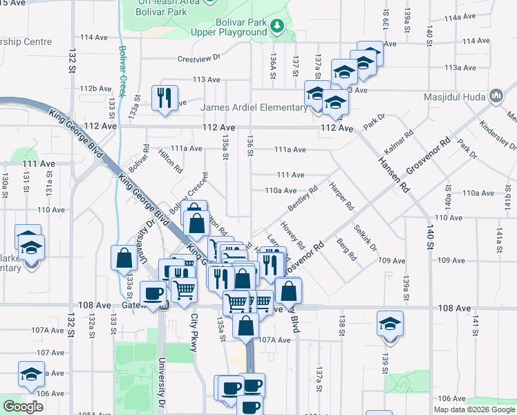 map of restaurants, bars, coffee shops, grocery stores, and more near 11022 136 Street in Surrey