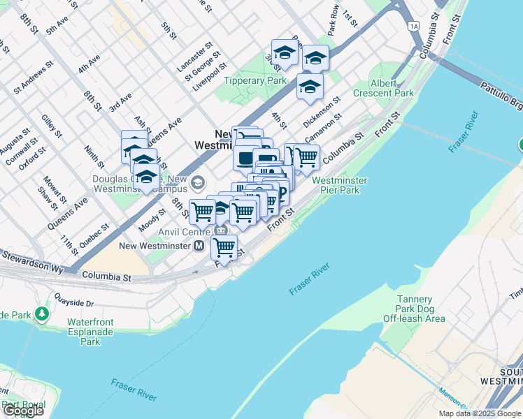 map of restaurants, bars, coffee shops, grocery stores, and more near 629 Columbia Street in New Westminster