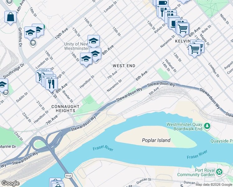 map of restaurants, bars, coffee shops, grocery stores, and more near 1711 6th Avenue in New Westminster