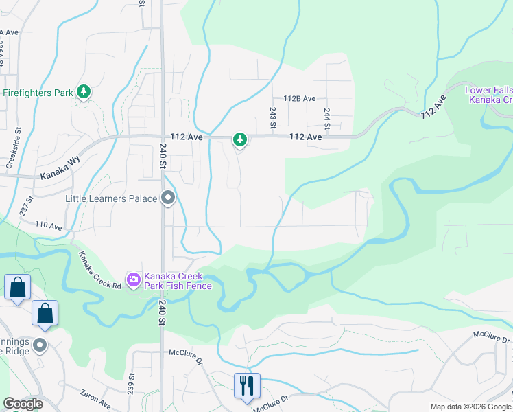 map of restaurants, bars, coffee shops, grocery stores, and more near 24185 110 Avenue in Maple Ridge
