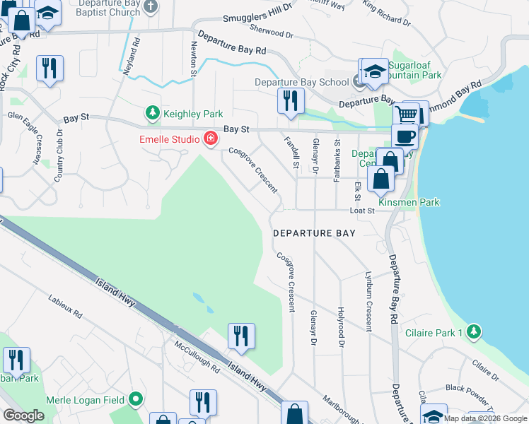 map of restaurants, bars, coffee shops, grocery stores, and more near 2619 Cosgrove Crescent in Nanaimo