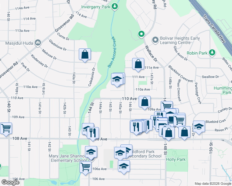map of restaurants, bars, coffee shops, grocery stores, and more near 14548 110A Avenue in Surrey