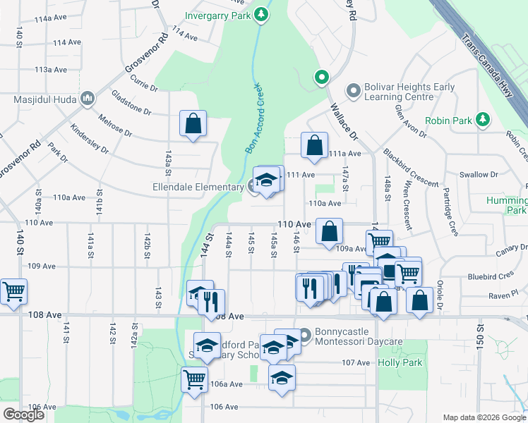 map of restaurants, bars, coffee shops, grocery stores, and more near 14548 110A Avenue in Surrey