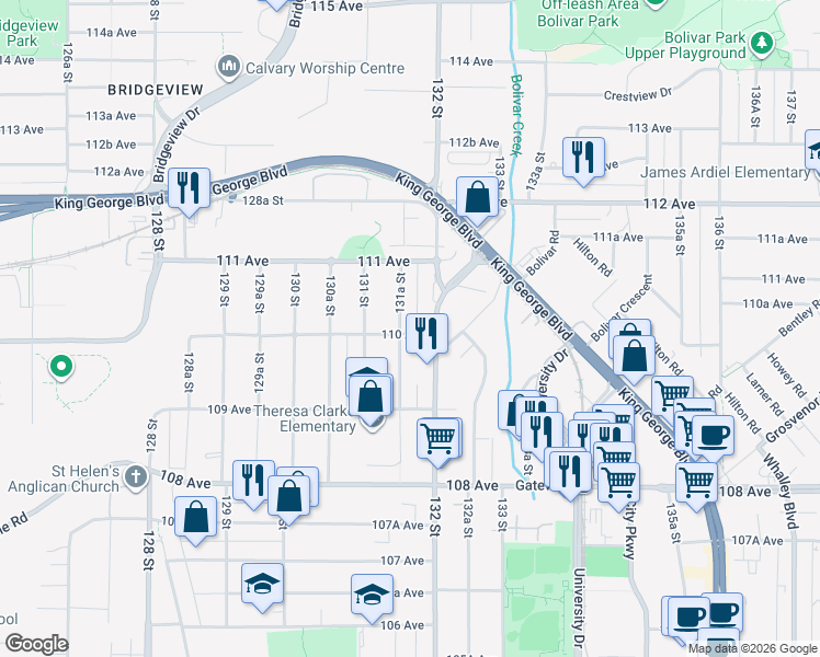 map of restaurants, bars, coffee shops, grocery stores, and more near 13155 110 Avenue in Surrey