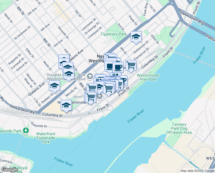 map of restaurants, bars, coffee shops, grocery stores, and more near 653 Clarkson Street in New Westminster