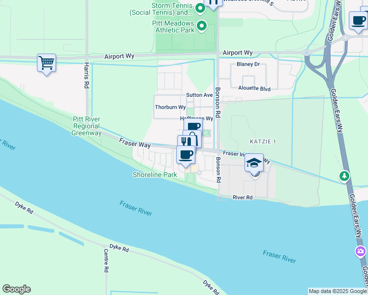map of restaurants, bars, coffee shops, grocery stores, and more near 30 Fraser Way in Pitt Meadows